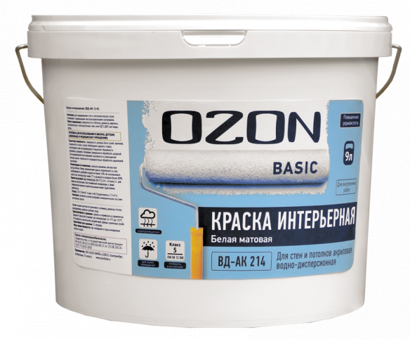 Краска ВД-АК 214 интерьерная для стен и потолков акриловая OZON-Basic 0,9л (1,4кг) белая