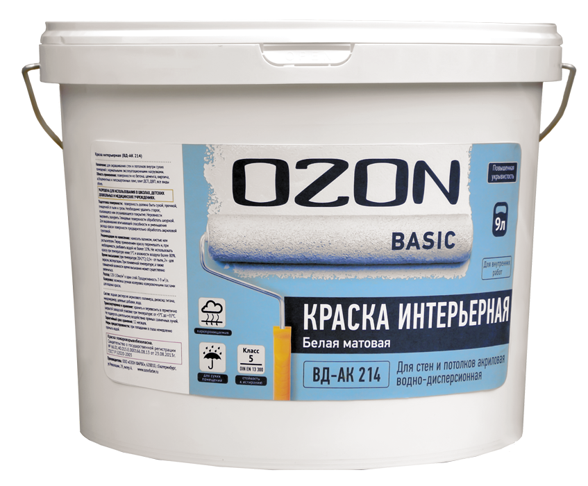 Краска ВД-АК 214 интерьерная для стен и потолков акриловая OZON-Basic 0,9л (1,4кг) белая